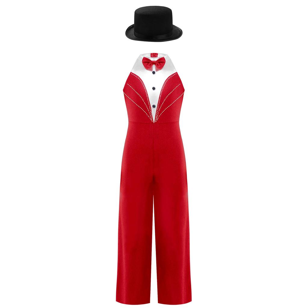 Девочки Джазовый Танцевальный Костюм Металлический Пэчворк Комбинезон Стразы Цветные Блоки Без Рукавов Боди Фетровая Цилиндр