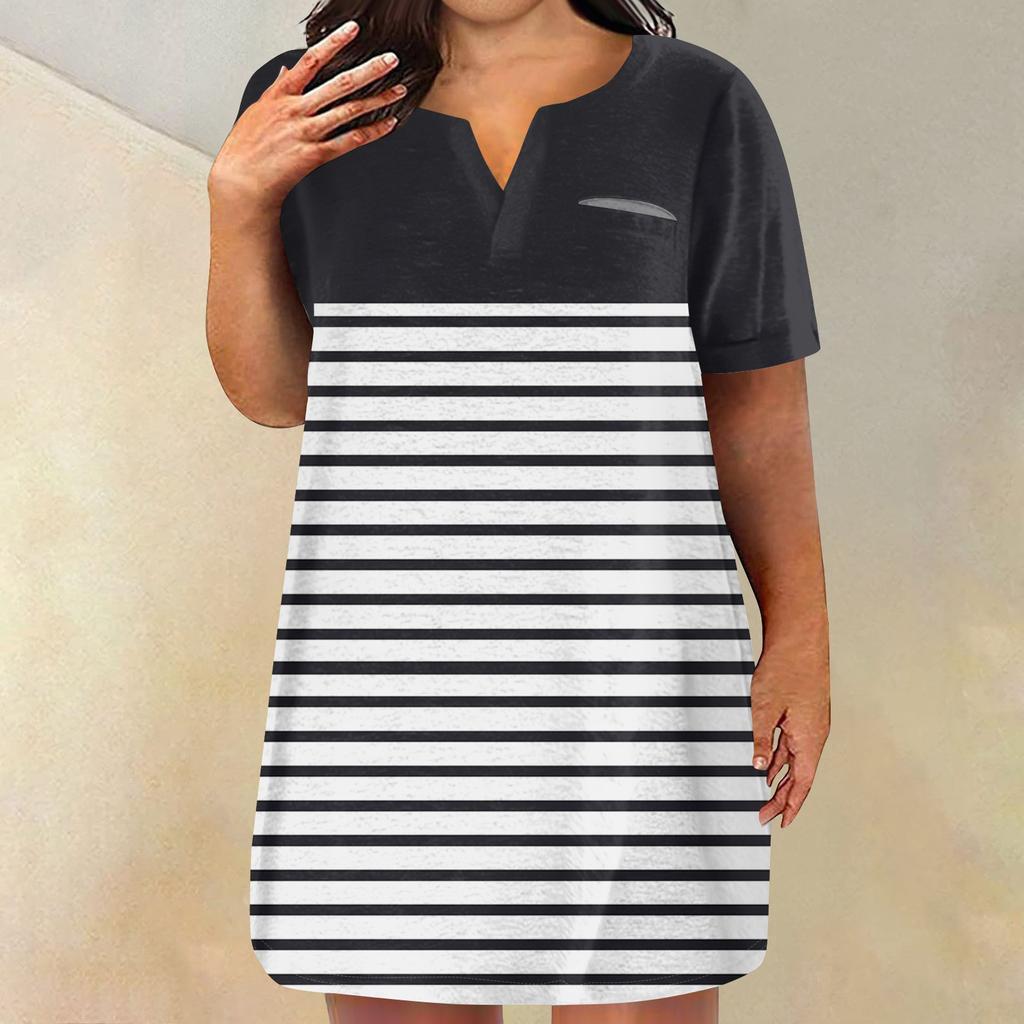 Женские платья больших размеров с V-образным вырезом и коротким рукавом, летнее повседневное однотонное платье-туника с карманом