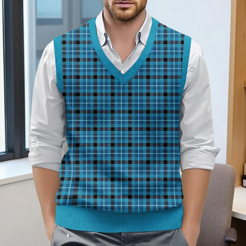 Мужской жилет без рукавов с клетчатым принтом и V-образным вырезом, вязаный джемпер
