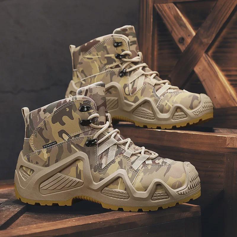 2024 Autumn Men's High-Top Camouflage Hiking Boots: Wear-Resistant, Non-Slip, Height-Enhancing, for Outdoor Training.