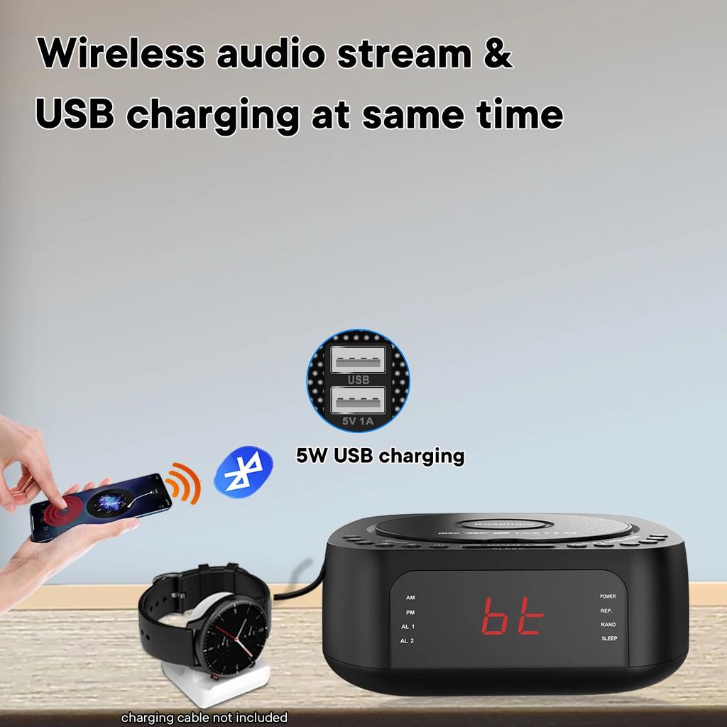 CD-проигрыватель Будильник с пультом, CD/MP3 Bluetooth FM-радио со встроенными динамиками, USB-зарядка, Регулируемый светодиодный дисплей, двойные будильники для спальни