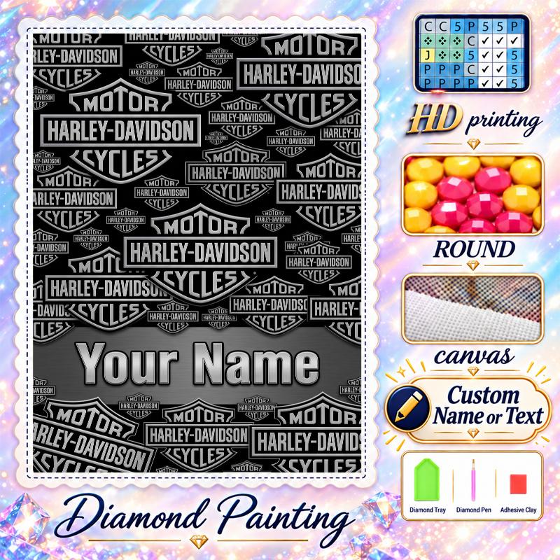 Harley-Davidson 5D DIY Diamond Painting Custom Name Text, Full Drill Rhinestone Mosaic Art Home Gift