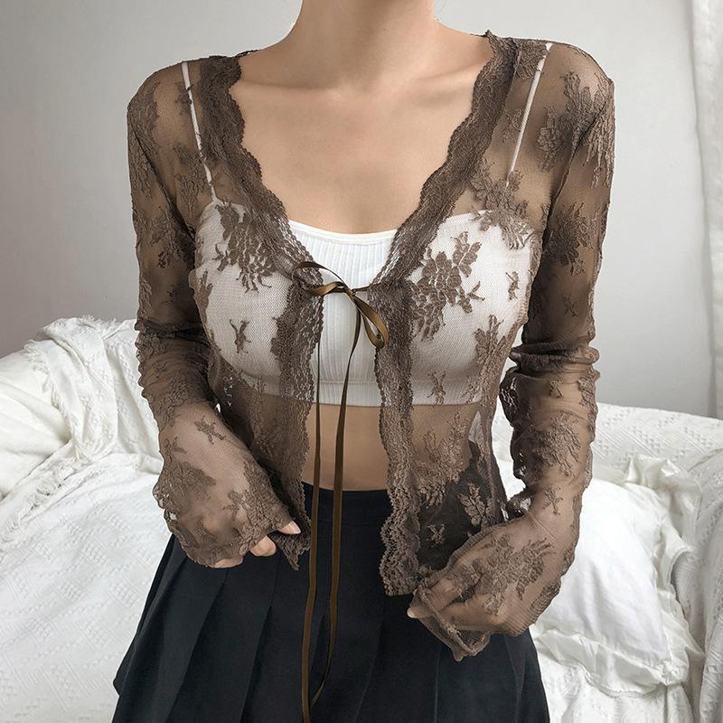 Женская сетчатая кружевная блузка, летняя тонкая перспективная топ с длинным рукавом и v-образным воротником, кружевные кардиганы, рубашка, укороченные топы