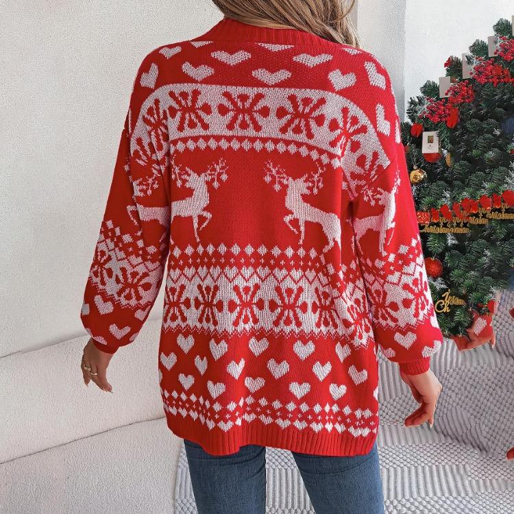 Vintage Christmas Knitwear Cardigan Loose V Neck Sweater Long Sleeve Top Winter Autumn Print Fashion