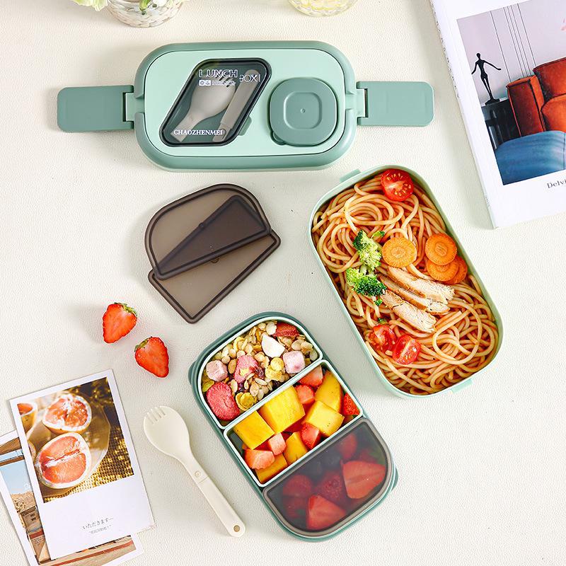 Многослойный герметичный ланч-бокс со столовыми приборами для школьников, пригодный для использования в микроволновой печи