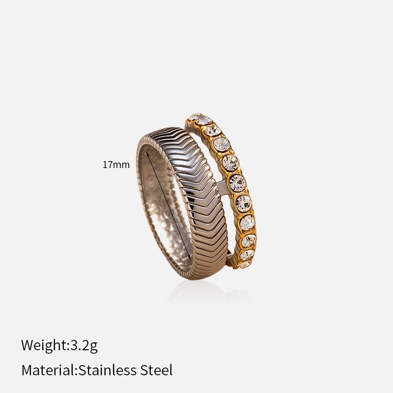European and American fashion simple and retro, stainless steel ring double-layer fish bone pattern inlaid with zircon, gold and silver two-color