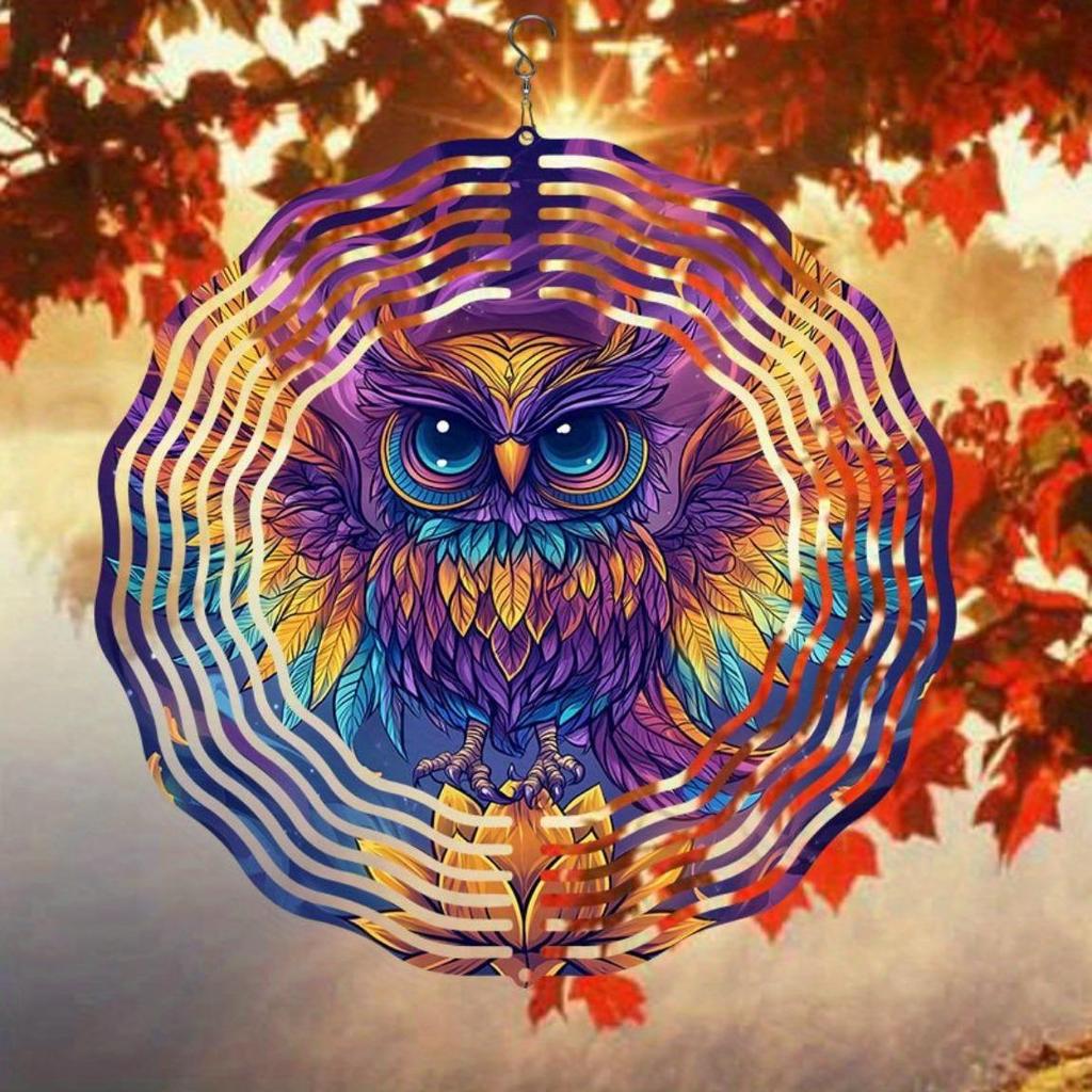 Purple Golden Owl Wind Chime with Stained Glass Outdoor Garden Decor 360 Rotating Hook No Battery Needed Easy Hang Home Art