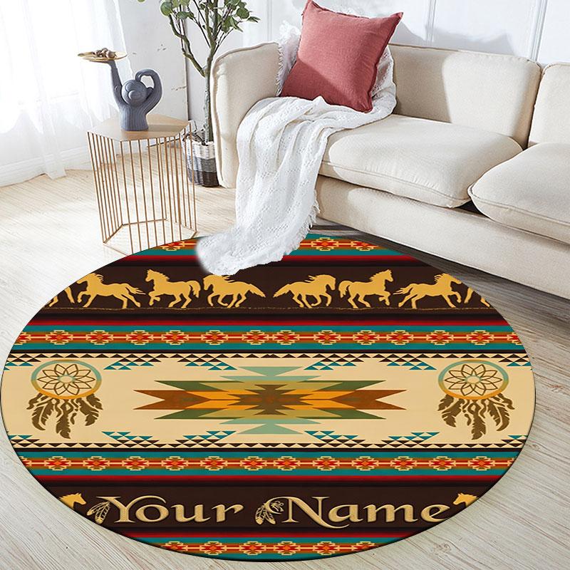 Custom Name,Boho Southwest Cowboy Animal pattern round rug,Carpet Rug for Living Room Bedroom Playroom ,Non-slip Floor Mat,Holiday Gifts and Birthday 