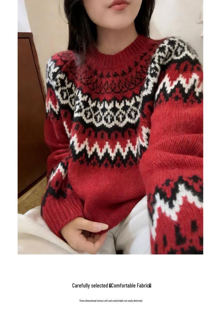 Women's Red Fair Isle Wool Sweater - Round Neck, Loose Fit, Thick Knit