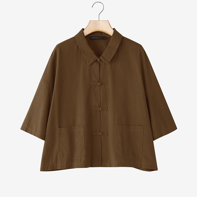 ZANZEA Женская летняя блузка из хлопка с отложным воротником, свободного кроя, с рукавом до локтя