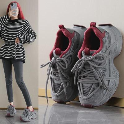 Женские туфли 2024 года из плюшевой сетки на шнуровке для папы — круглый носок, толстая нескользящая подошва, повседневные универсальные кроссовки, увеличивающие рост