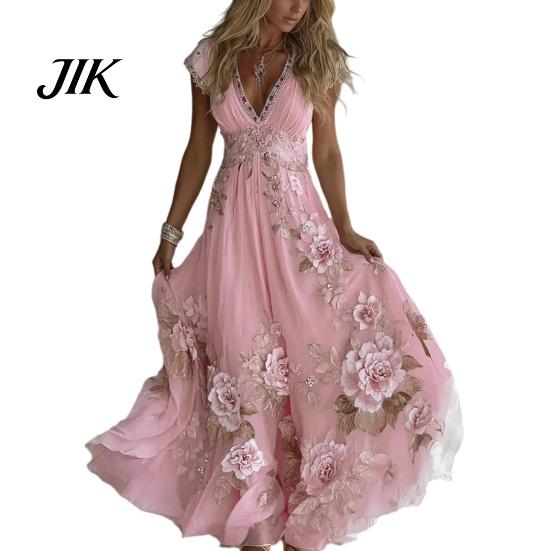 A-line Silhouette Dress Summer Floral Maxi for Women Short Sleeve V Elegant Printed Neck Swing Beach Vacation Sundress Lightweight
