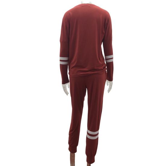 2 Pcs/Set Women Top Pants Suit Round Neck Long Sleeves Striped Solid Color Sweatshirt Drawstring Elastic Waist Trousers