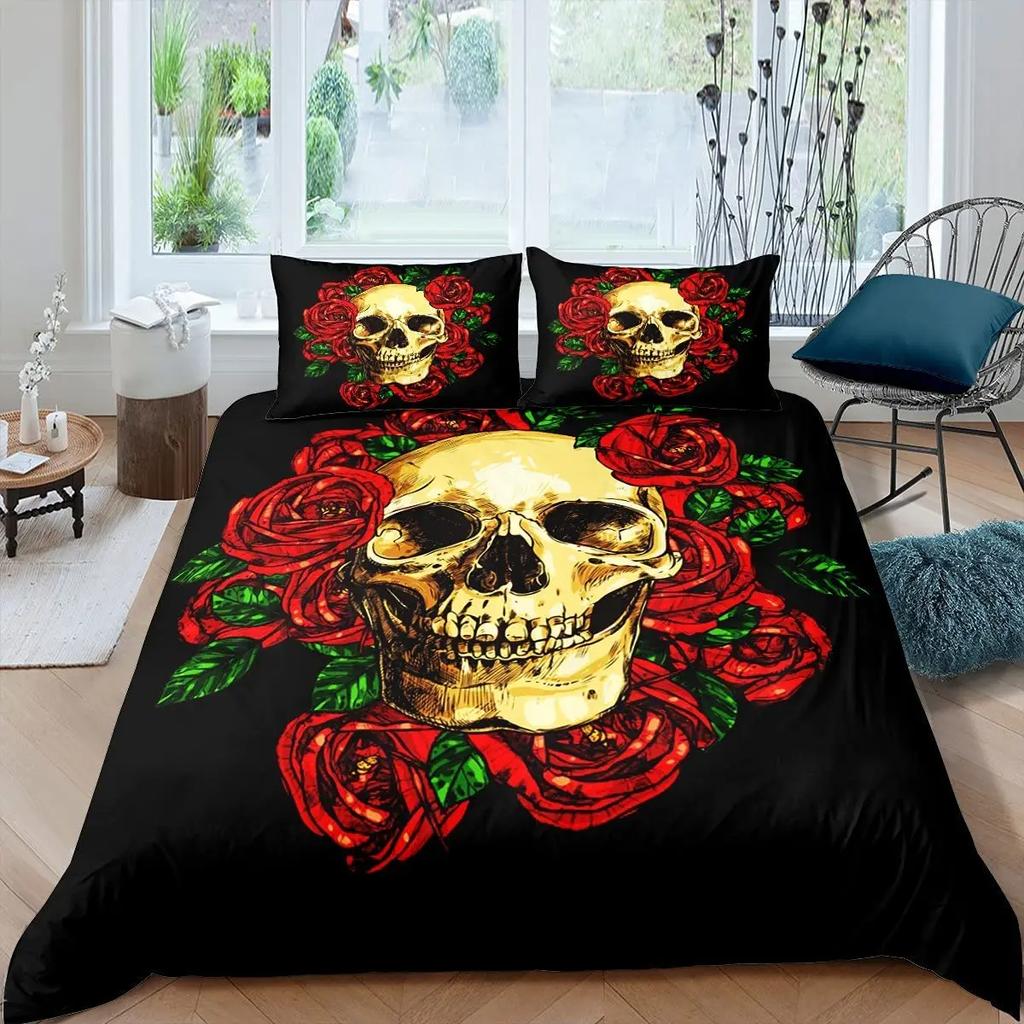 Sugar Skull Bedding Comforter Cover Set Gothic Duvet Cover Twin/Full/Queen/King Set 3 Pieces Soft Microfiber Duvet Cover