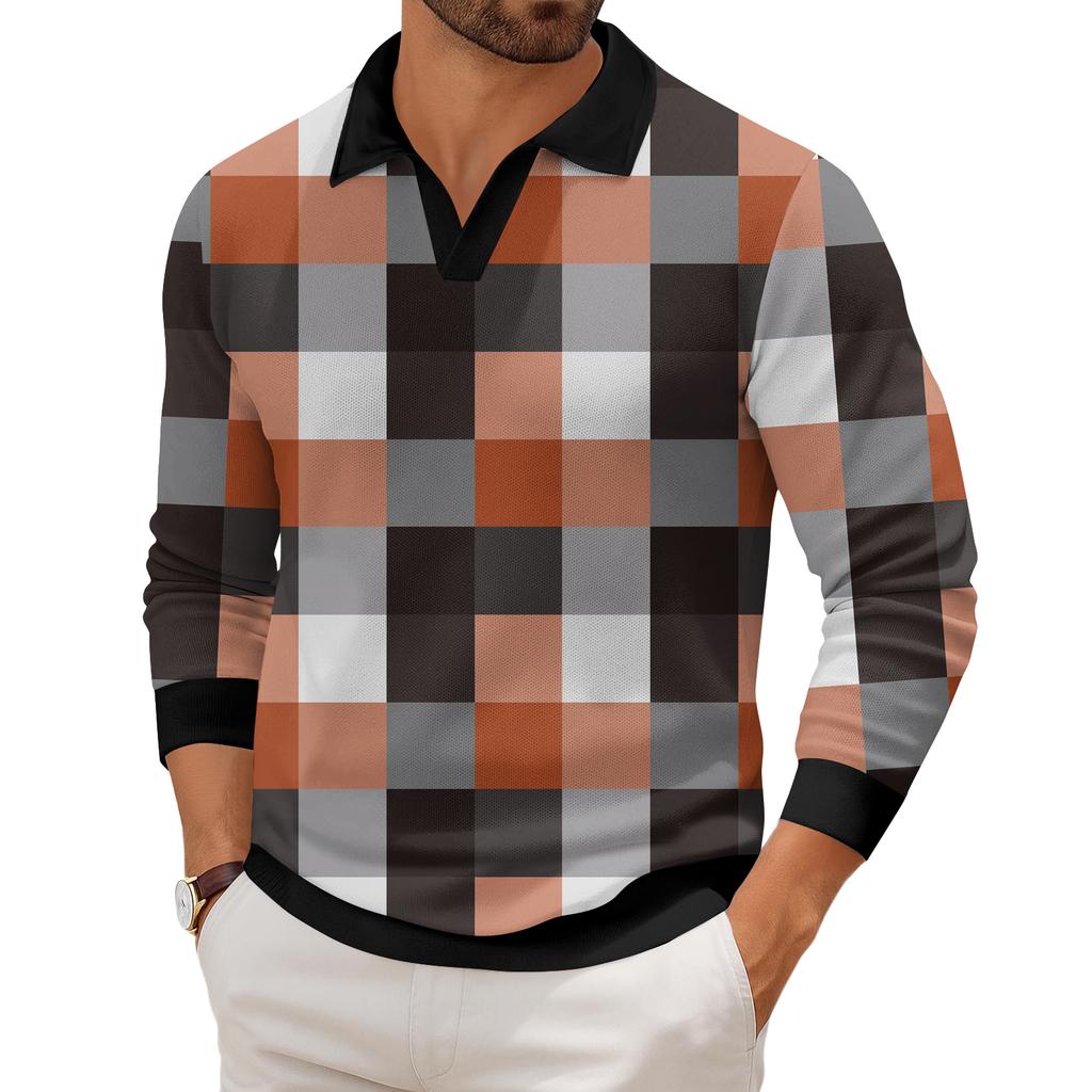 Мужская повседневная модная трикотажная рубашка с длинным рукавом и принтом на лацкане