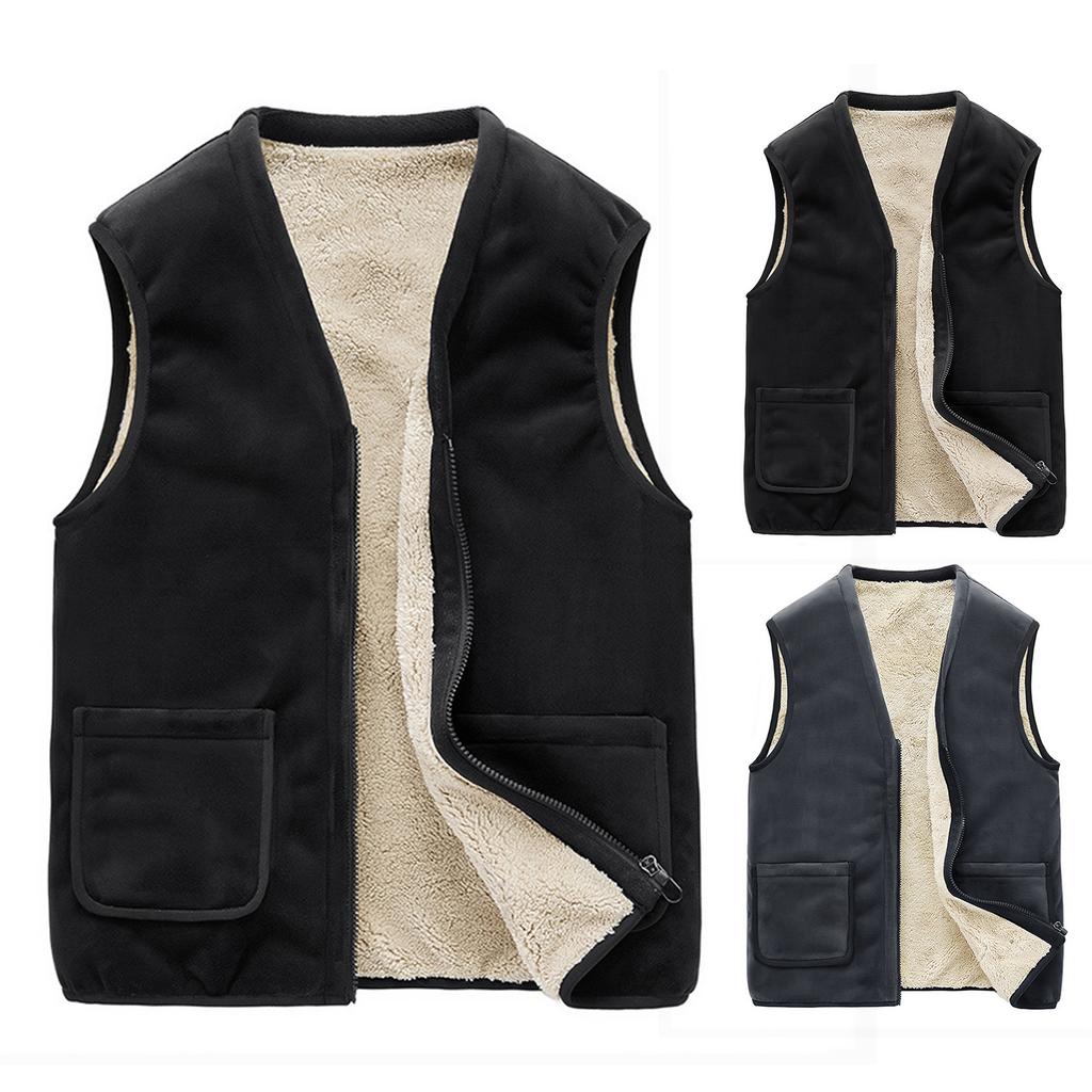 Men's Casual Fleece Solid Color Zipper Vest, Men's Stand-up Collar Lambskin V-neck Vest
