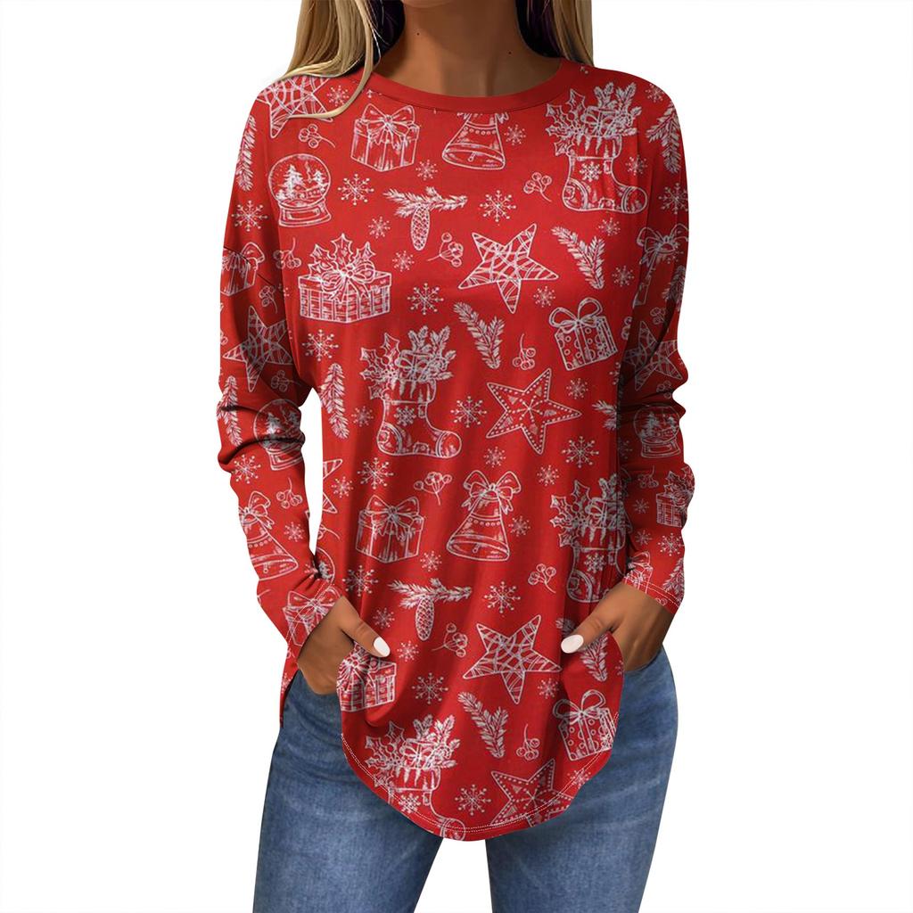 Женская модная повседневная футболка с круглым вырезом и длинным рукавом с рождественским принтом