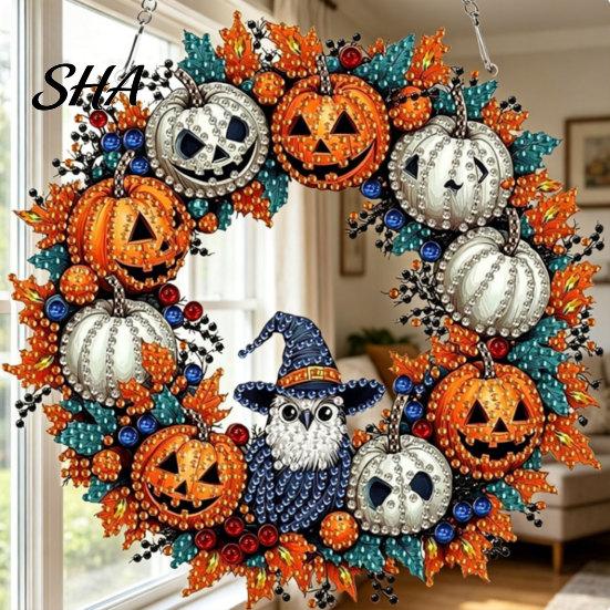 Eye-Catching Design Ornament Fall Pumpkin Sunflower Wreath Hanging Decor, Acrylic Hand Painted Christmas Tree Window Ornament, Thanksgiving Halloween