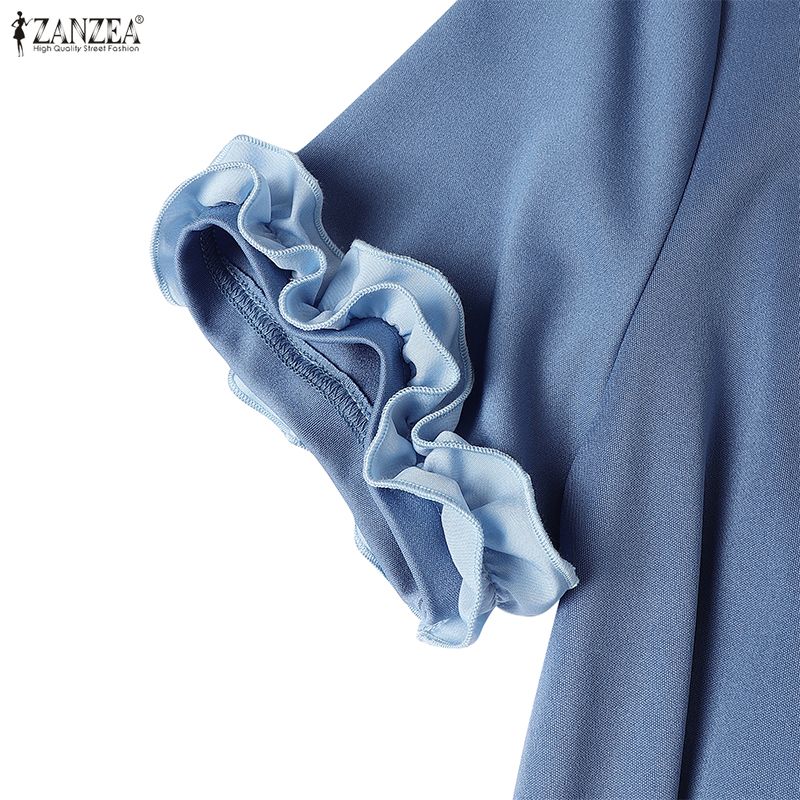 ZANZEA Женское повседневное летнее платье с коротким рукавом и круглым вырезом, с длинной юбкой и вставками