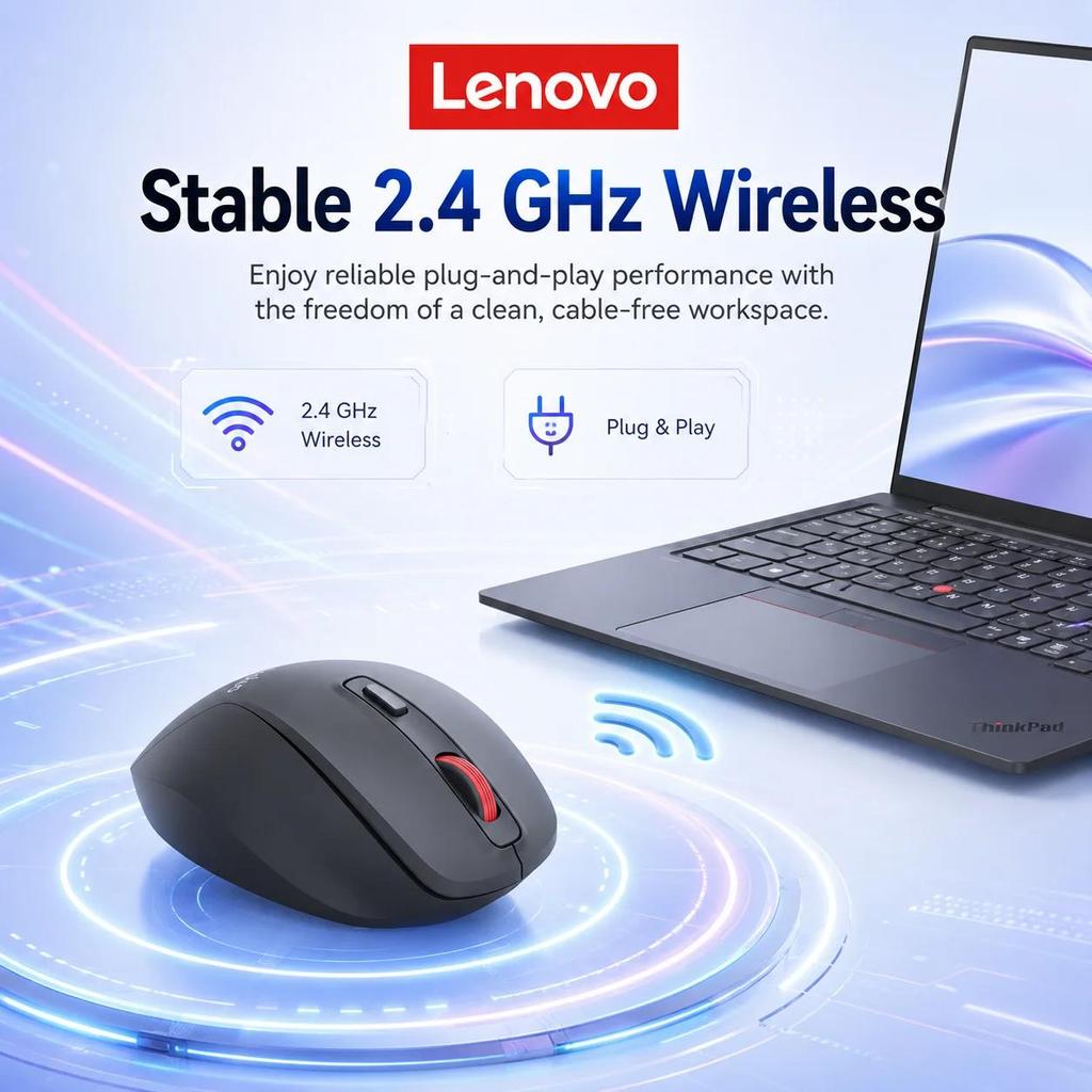 Lenovo Беспроводная мышь Thinkplus M30 2,4 ГГц, 6 кнопок, 4 регулируемых DPI до 1600, эргономичная, Plug & Play, офисная мышь для Windows Mac Laptop PC