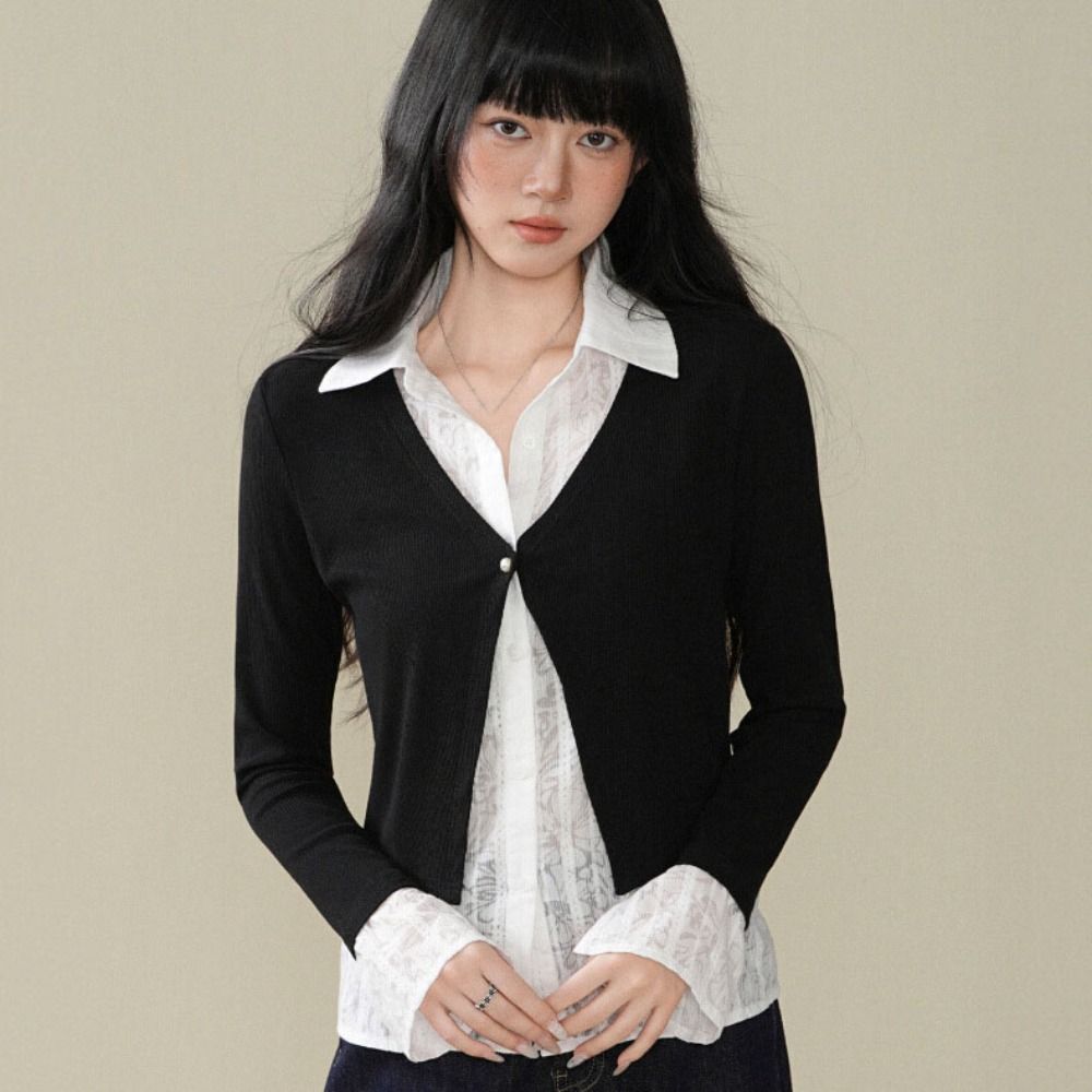 Flip Collar False Two-piece Top Korean Style Lace Long Sleeved Knitwear Knitted Top Women Party