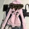 2KWEIRD American Vintage Pink Warm Hooded Coat Women Autumn Winter Sweet Fashion Slim Jacket New Design Retro Lovely Y2k Clothing