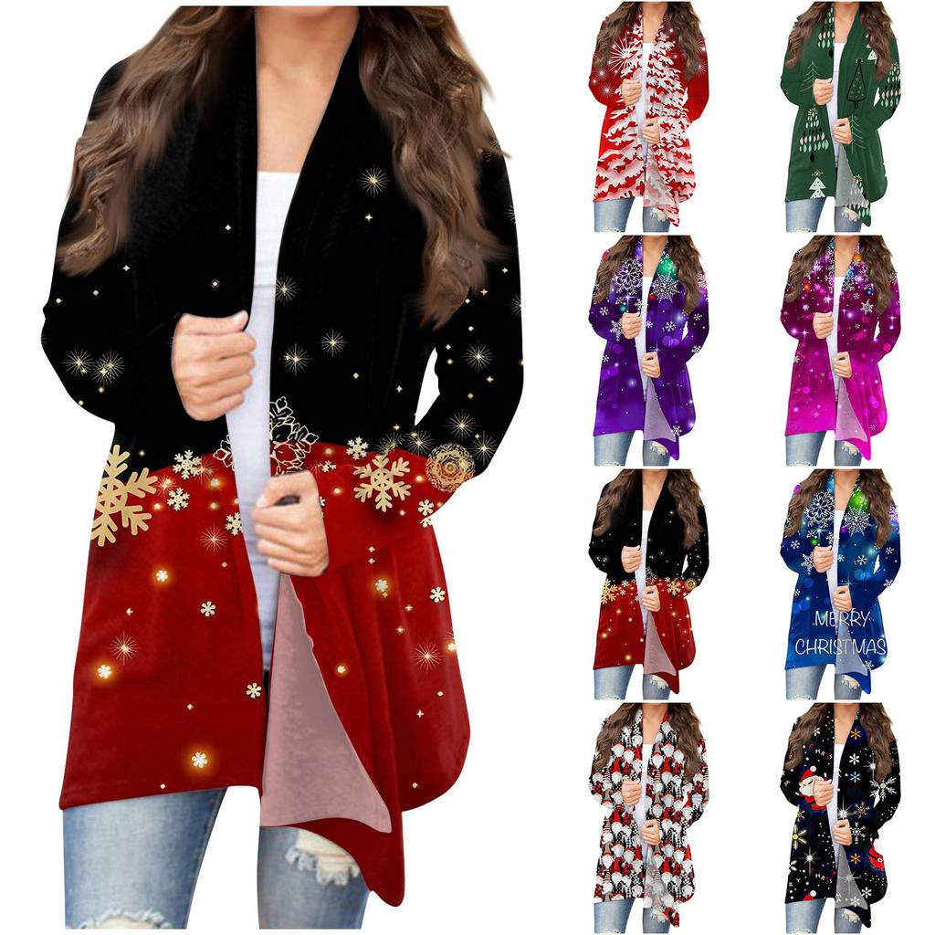Женский кардиган необычной формы с длинными рукавами и карманами с рождественским принтом