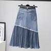 Design Sense Draped and Versatile Chiffon Pleated Stitched Denim Skirt In Spring, Thin and Irregular Medium Length A-line Skirt
