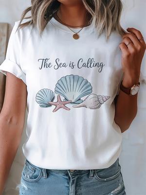 Женская графическая футболка The Sea Is Calling с принтом морской раковины и морской звезды, свободного кроя, с круглым вырезом и короткими рукавами, топ для пляжных прогулок, подарки