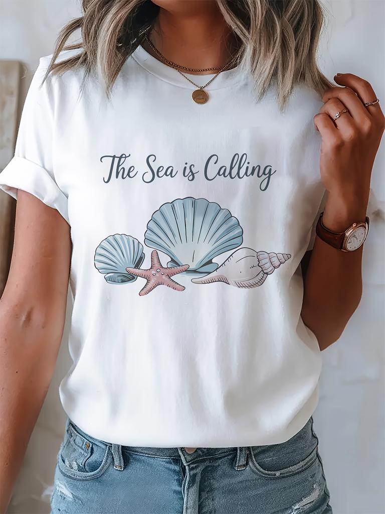 Женская графическая футболка The Sea Is Calling с принтом морской раковины и морской звезды, свободного кроя, с круглым вырезом и короткими рукавами, топ для пляжных прогулок, подарки