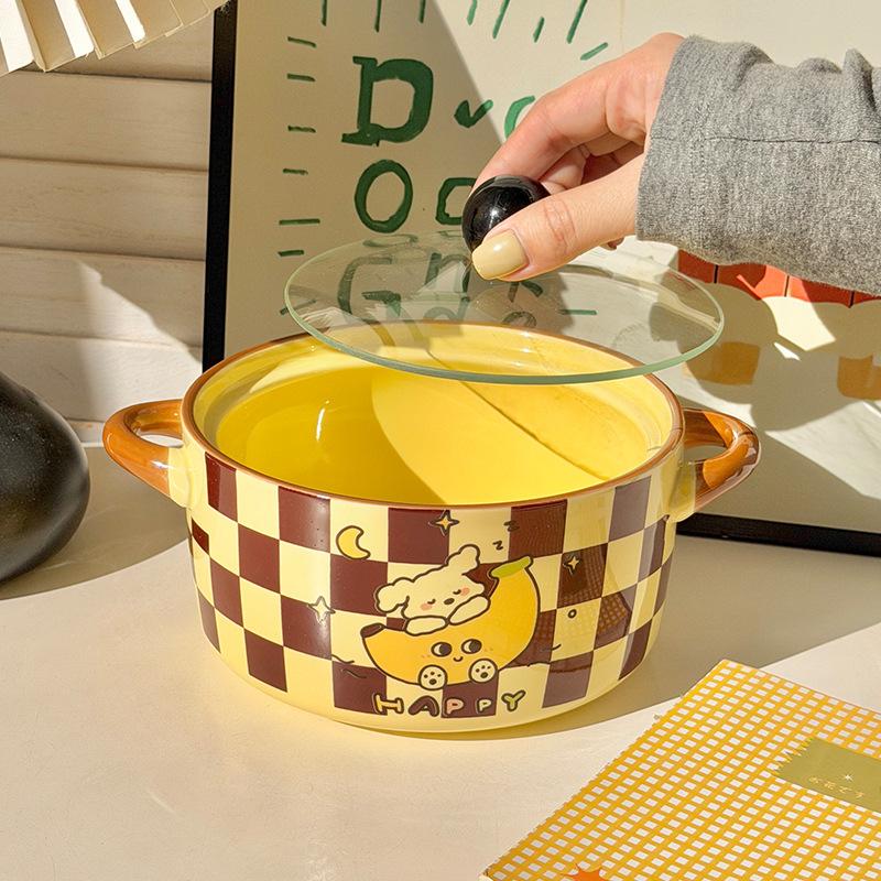 Ins Крем Ветер Банан Щенок Двуручная Миска для Лапши Быстрого Приготовления Студенческое Общежитие Миска для Риса 2025 Новая Миска для Порошка Улитки