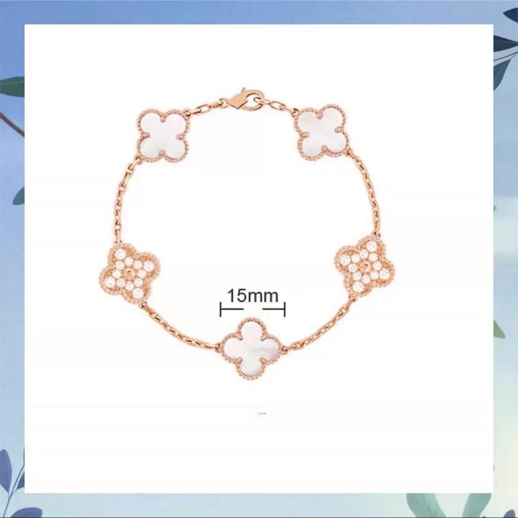 Браслет с четырехлистным клевером и пятью цветами, женский, 18k, с цветком удачи, с белым перламутром