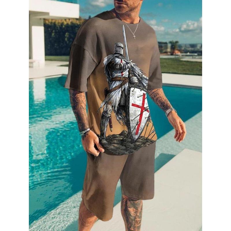 Модный Повседневный Отпуск Летний Мужской Костюм Принт Черепа 3D Спортивная одежда Костюм с коротким рукавом Футболка оверсайз с круглым вырезом Шорты 2 предмета