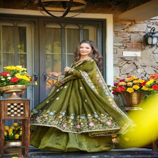 Enchanting Floral Embroidered Anarkali Gown Sets with Border Dupatta