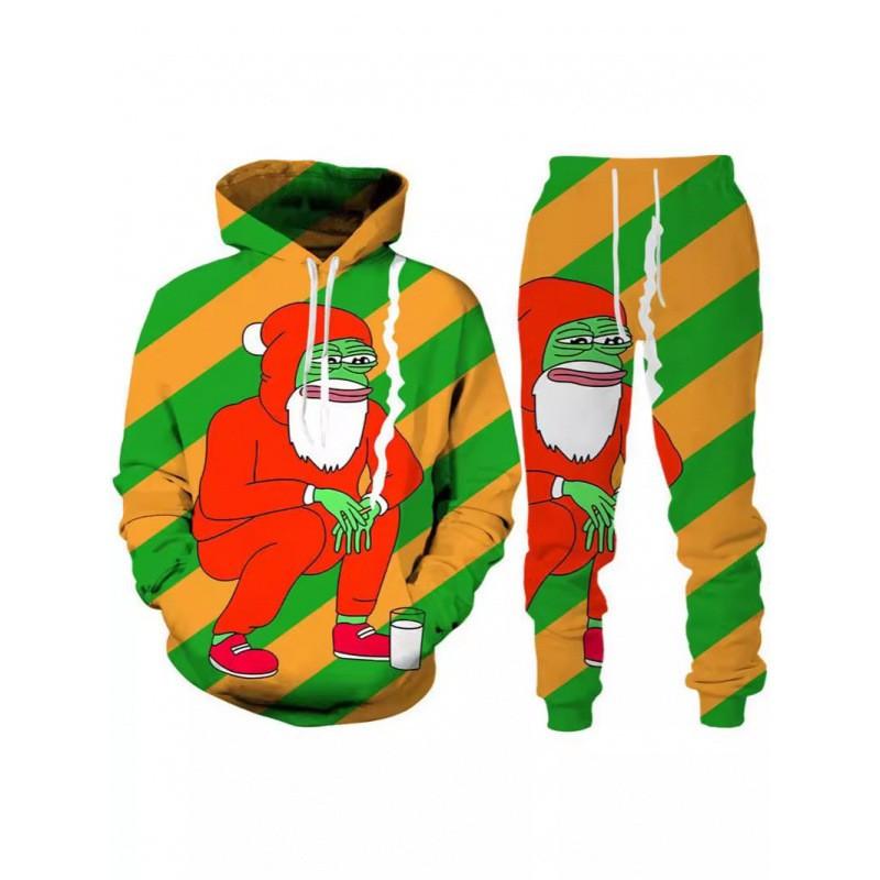 Mens Christmas 3D Digital Print Hooded Sweatshirt Jogger Pants Set Loose Fit Air Layer Fabric Casual Wear
