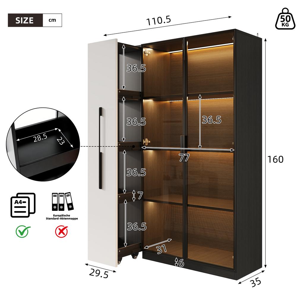 Multifunctional Cabinet 110.5×35×160 cm - Display Cabinet with Glass Door and LED, Side Pull-Out - Design in White and Black, Tall Cabinet
