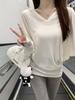 Korean V-Neck White Long Sleeve T-Shirt for Women – Autumn/Winter Relaxed Fit Base Layer with Cinched Waist
