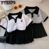 Костюм для девочек, юбка, летняя плиссированная юбка в студенческом стиле, футболка JK, однотонный повседневный комплект из двух предметов
