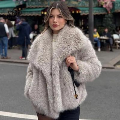 Искусственный мех с большим лацканом, шуба из искусственного меха, короткая шуба из лисьего меха, пушистое плюшевое женское пальто, повседневное женское пальто