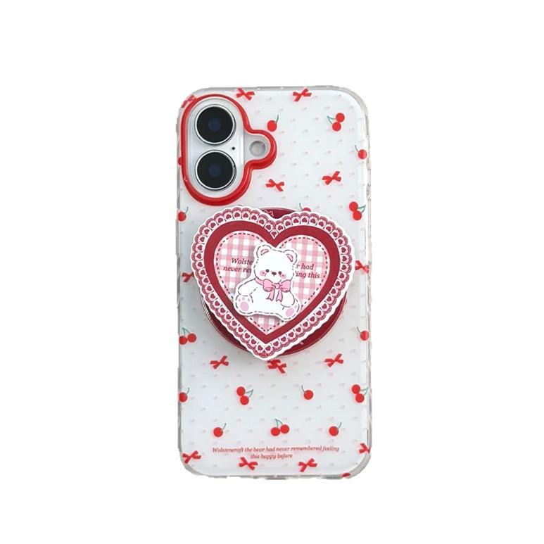 Чехол-подставка с магнитом "Медведь с вишневым сердцем" для iPhone 17, Apple 16 Pro Max/15/14