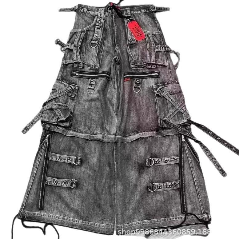 Унисекс Джинсы Карго с Высокой Талией Прямые Джинсовые Брюки Пэчворк Винтажный Уличный Стиль Широкие Брюки с Множеством Карманов