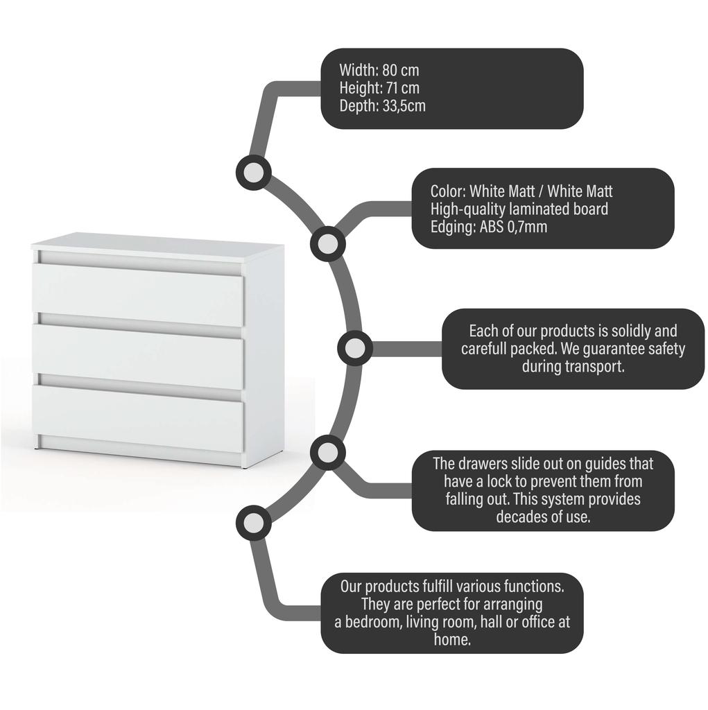 White Chest of Drawers 80 CM 3S TV Cabinet Furniture for Living Room Bedroom Loft