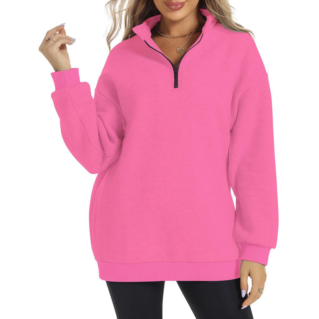 Women's Half Zipper Long Sleeve Sweater Pullover Solid Color Loose Casual Sports Sweater