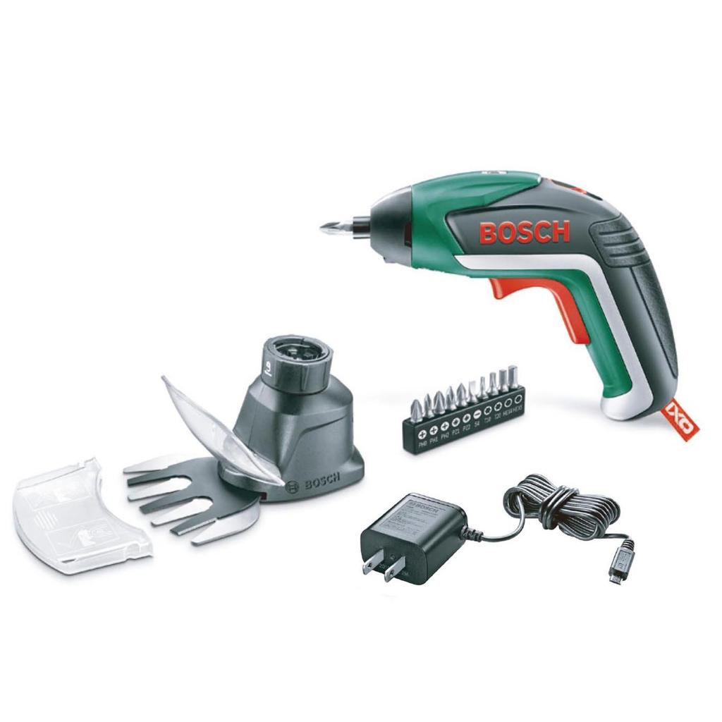 Bosch Аккумуляторная электрическая отвертка IXO5 со светодиодной подсветкой, зарядным устройством, набором адаптеров для садового триммера, переключателем прямого/обратного хода, (10 бит, в комплекте) +