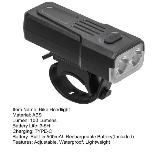 Bicycle Headlight with Adjustable Strap Type-C Rechargeable 3 Modes Waterproof 100 Lumens Night Riding Road Mountain Bike Front Lamp Mini Flashlight