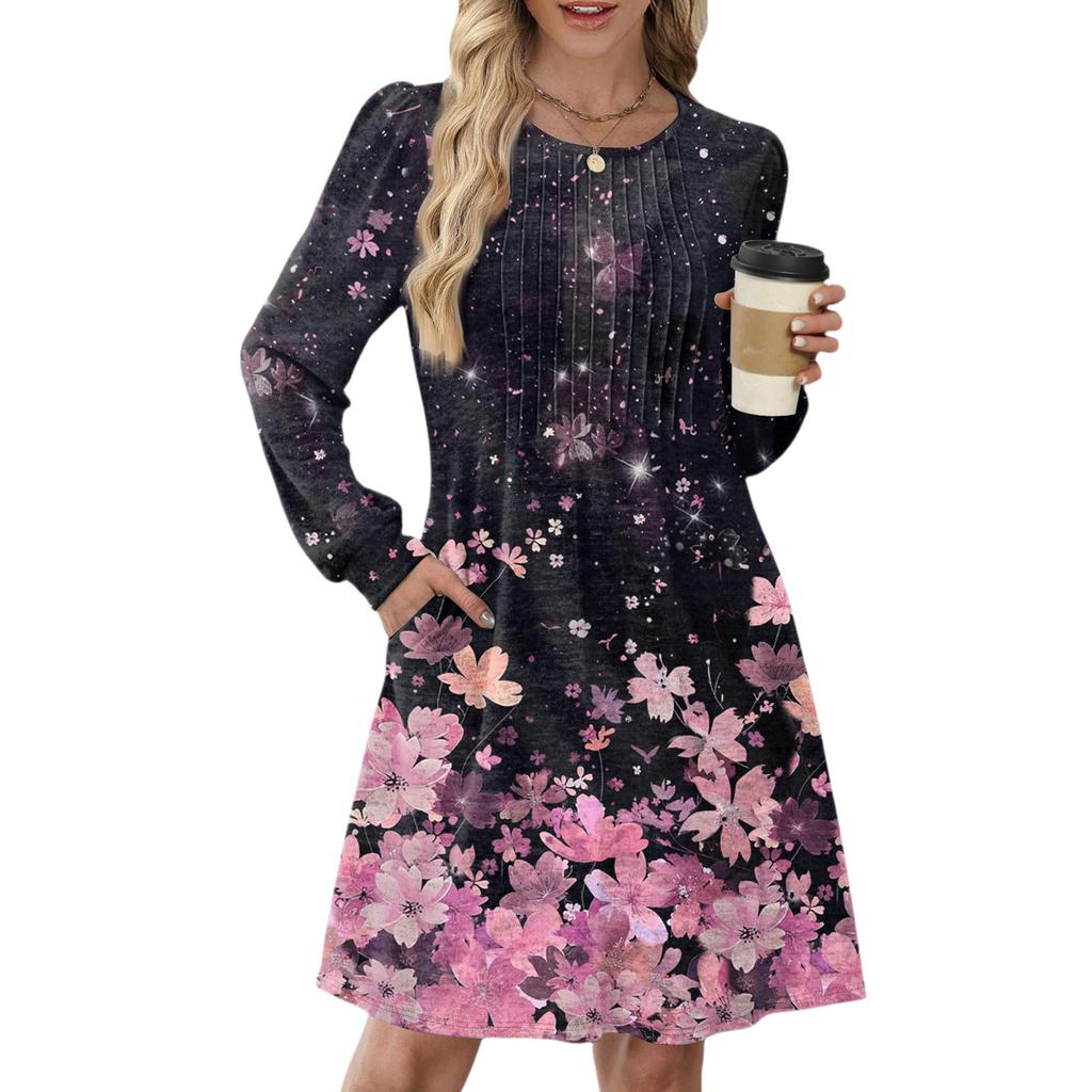 Женское повседневное платье с длинным рукавом, плиссировкой, круглым вырезом, цветочным принтом и карманами