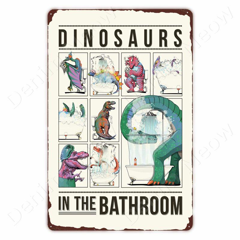 Dinosaur in the Bathroom Wall Art Print Fossil Vintage Metal Tin Sign Club Room Home Decor Animal Bones Poster Painting
