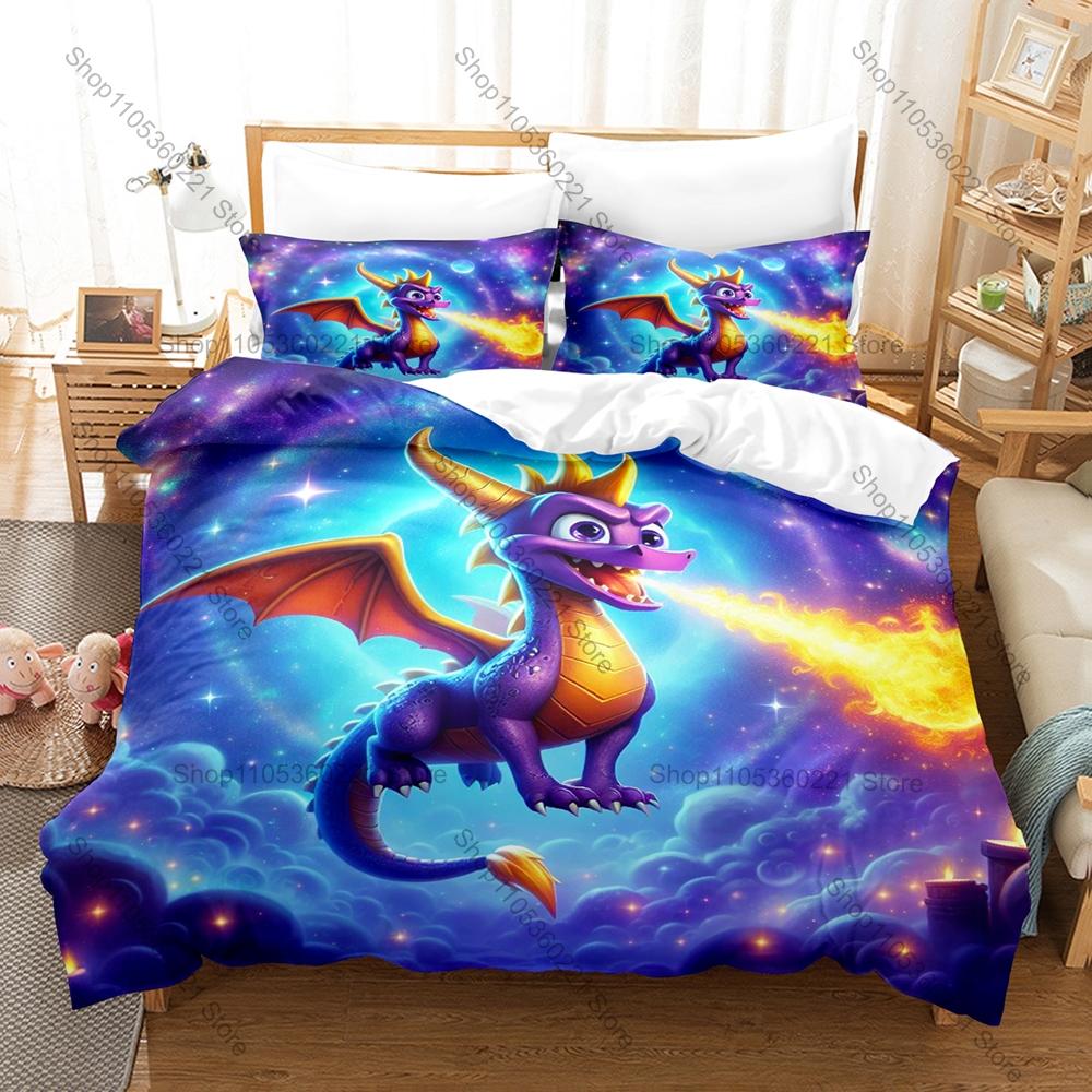 Classic Dragon Game Bedding Set, Duvet Cover & 2 Pillowcases, Iconic Spyro Design Comfortable Home Bedding Supplies