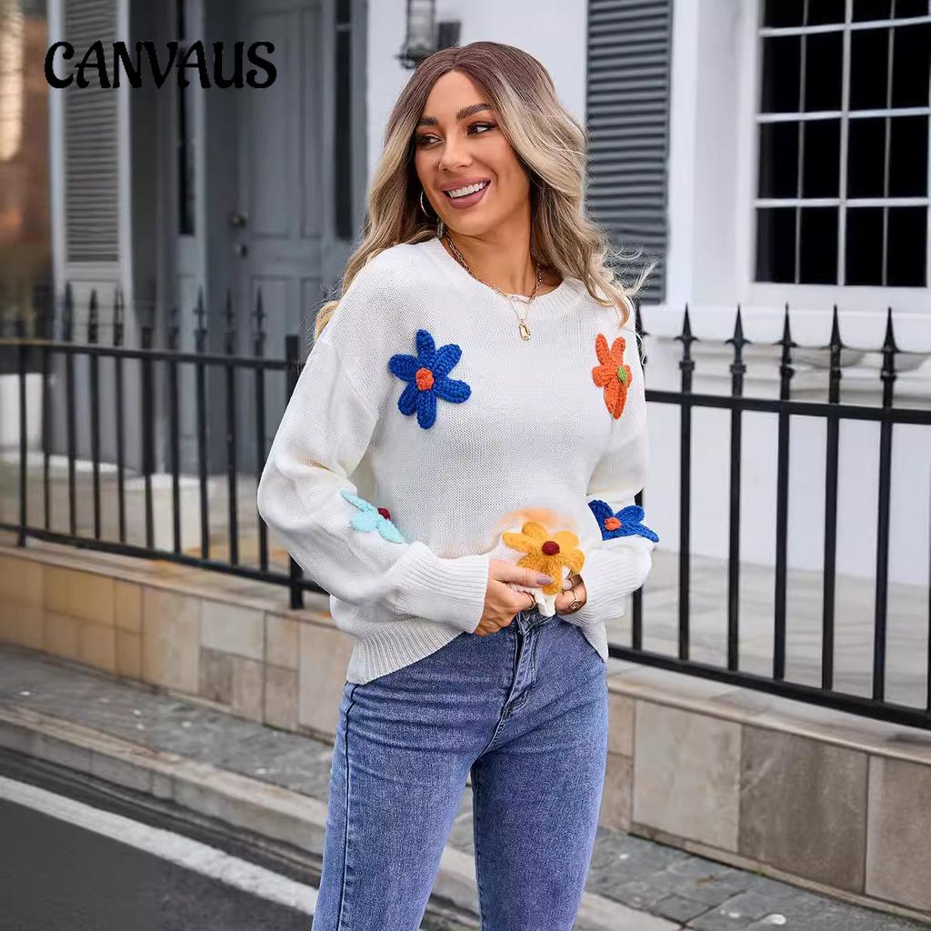 Autumn and Winter Women's Pullover Long Sleeve Floral Sweater Big Size Loose Round Neck Sweater