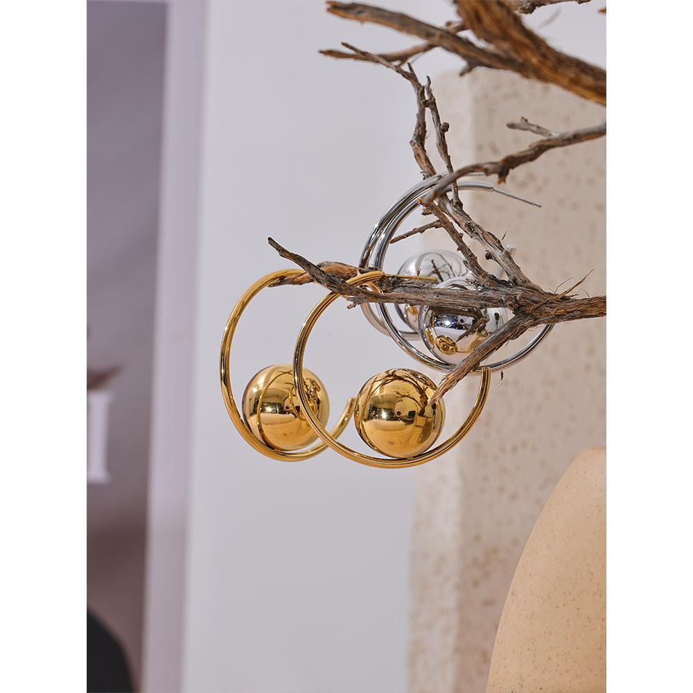 Yhpup Trendy Stainless Steel Round Ball Metal Huggie Earrings Gold Silver Color Temperament Personalized Versatile Jewelry